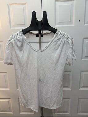 Women’s White Short Sleeve Tee with Crochet Pom-Trim Accents